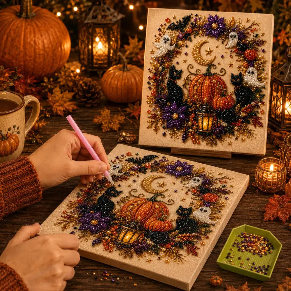 Pumpkin, Ghost, Witch Cat Seasonal 5D Diamond Painting Kit – Easy DIY Wall Decor