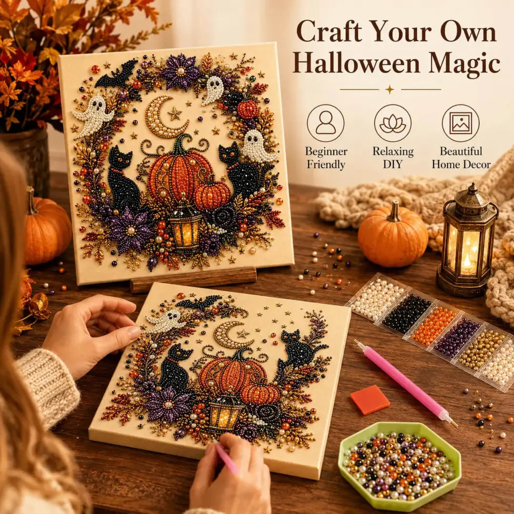 Pumpkin, Ghost, Witch Cat Seasonal 5D Diamond Painting Kit – Easy DIY Wall Decor