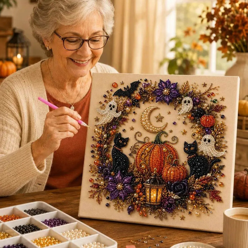 Pumpkin, Ghost, Witch Cat Seasonal 5D Diamond Painting Kit – Easy DIY Wall Decor
