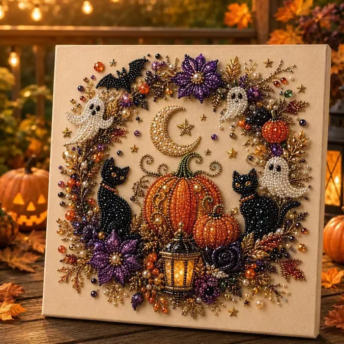 Pumpkin, Ghost, Witch Cat Seasonal 5D Diamond Painting Kit – Easy DIY Wall Decor